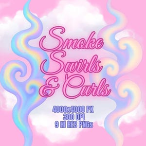 Puede incluir: Fondo rosa con remolinos de humo pastel y el texto "Smoke Swirls & Curls" en rosa neón. La imagen también incluye el texto "4000x4000 PX, 300 DPI, 9 HI RES PNGs" en azul.