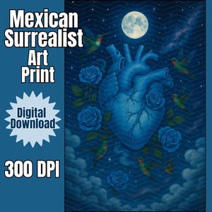 Mexican Surrealist Art Print: Blue Heart, Hummingbirds, Moon (Digital Download)
