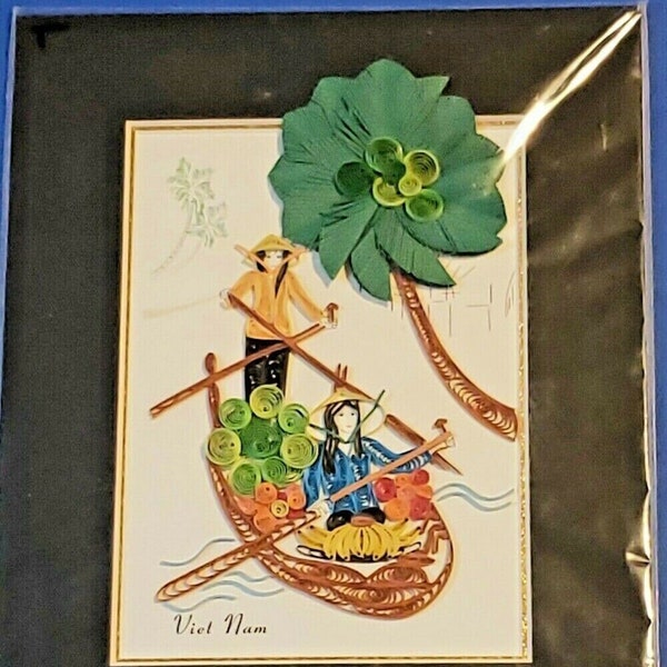 Vintage Ao Ba Ba Vietnamese Lady Clothing 3D Quilling Wall Hanging Women In Boat