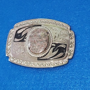 Vintage Western Silver & Black Belt Buckle Grey Pink Stone Cabochon in Center&quot; 4&quot; x 2.5&quot;