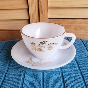 Vintage MCM Federal Glass Milk Glass Gold Leaf Tea Cup and Saucer Set