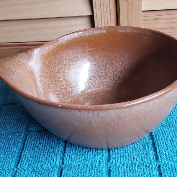 Vintage MCM Frankoma LazyBones Brown Satin Lug Handle Cereal Bowl 4X (Chipped Glaze)