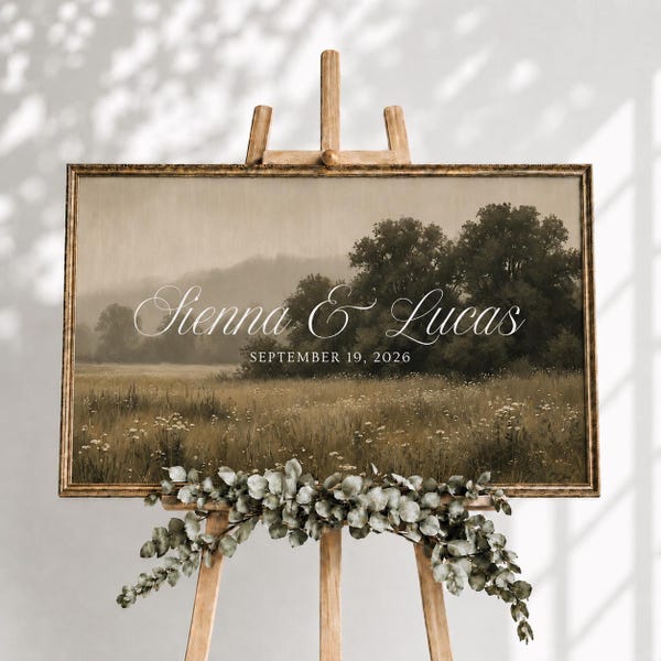 Personalized Wedding Sign | Custom Name Date Wall Art | Gold Frame Landscape Decor