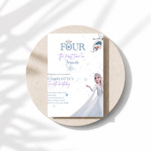 Convite para festa Frozen de 4 anos, flocos de neve em aquarela, cartão editável e imprimível, Elsa, Anna e Olaf.