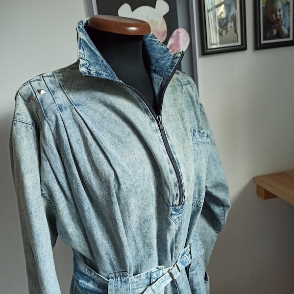 Vintage 80er 90er hellblaues Jeans Midi Kleid mit Gürtel