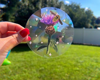 Colorful Scottish purple thistle with a bee Suncatcher - 4” Scottish Spirit - Celtic - Suncatcher - rainbow maker