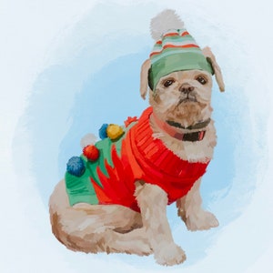 May include: A small, light brown dog wearing a red and green sweater with white pom-poms and a green and white striped hat with a white pom-pom on top. The dog is sitting on a light blue background.