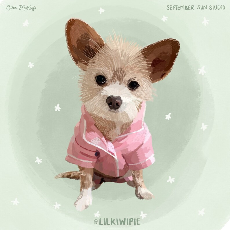 May include: A digital illustration of a small, light brown dog wearing a pink pajama onesie. The dog is sitting on a light green background with white stars. The text "SEPTEMBER SUN STUDIO" is in the upper right corner of the image. The text "@LILKIWIPIE" is in the lower right corner of the image.