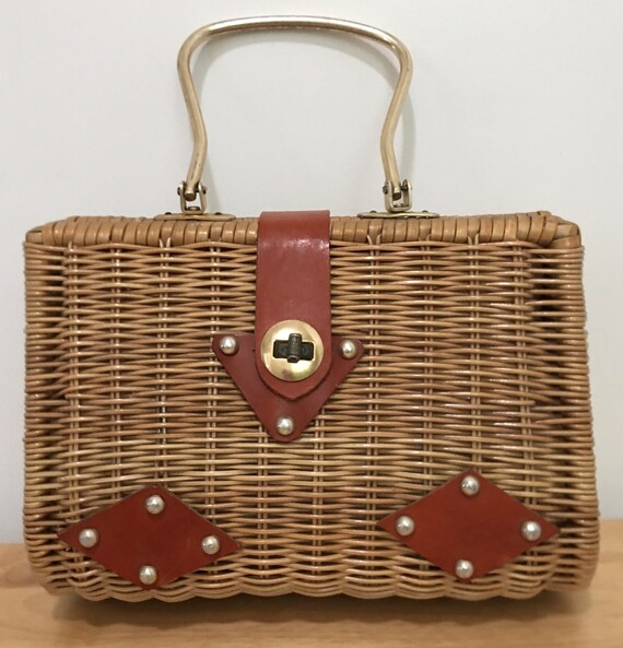 Vintage 1950's Brown Wicker Basket Purse Hand Bag