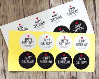 LOTE 8 pegatinas de tarjetas "Feliz Cumpleaños negro&blanco (4 x 3 cm)