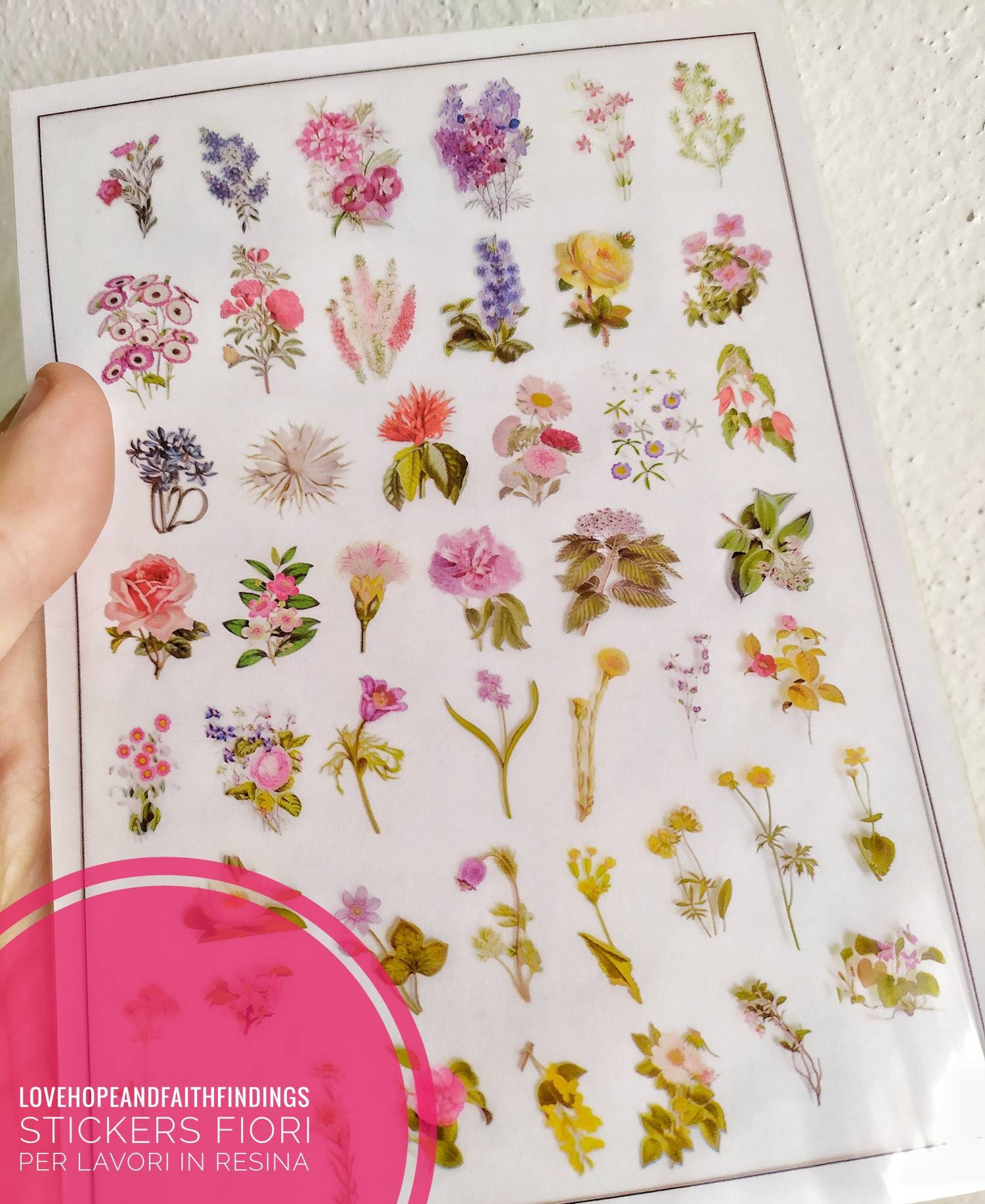 Floral adhesive sheet for resin work, adhesive labels, colored flowers