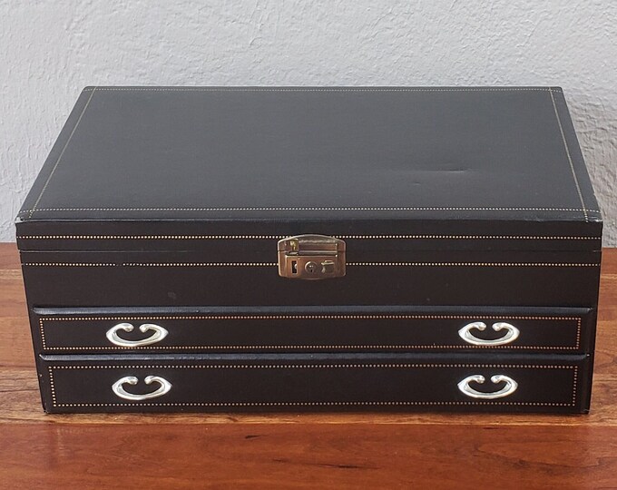 Vintage Mele Faux Black Leather Large Jewelry Box With Etsy
