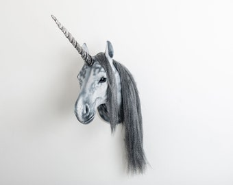 Faux Taxidermy Dapple Grey Unicorn Head Animal Friendly Decorative Art Handmade in Wales, Great Britain Life Size