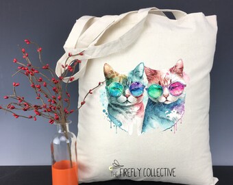 BFF Cats w/ Hippy Glasses Light Weight Tote Bag -  Galentines, BFF, Valentines, Strong Women, Girl Power, Feminine, Girl Friend, Cat Mom