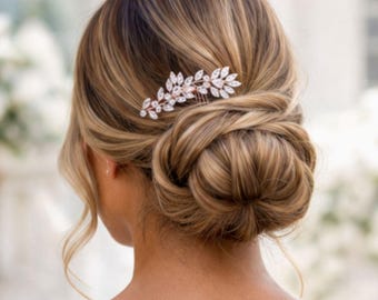 Rose gold hair comb, CZ Bridal hair comb, Rose gold hair piece, Floral hair piece, Bridal hair piece, Crystal hair piece, Headpiece