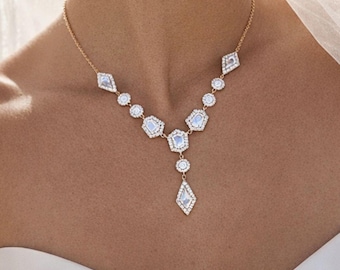 Rose gold Bridal necklace, Bridal jewelry, CZ Wedding necklace, Necklace for Bride, Rose gold Wedding jewelry, Statement necklace