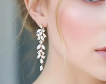 Long Rose gold earrings Dainty Bridal earrings Bridal jewelry Bridesmaid earrings CZ dangle earrings Wedding jewelry Crystal drop earrings