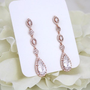 Long Dainty Crystal Drop Earrings Rose Gold Bridal Earrings CZ Wedding ...