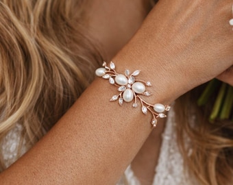 Rose Gold Bridal Bracelet, Pearl & Crystal Leaf Bracelet for Wedding
