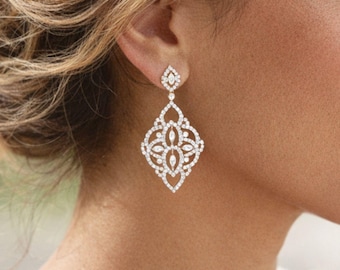 Rose Gold Bridal Earrings, Statement earrings for Wedding, Bridal jewelry, Art deco earrings, Chandelier earrings