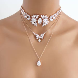 Rose Gold layered necklace Bridal necklace Bridal jewelry Rose gold choker necklace Statement necklace Swarovski Wedding necklace