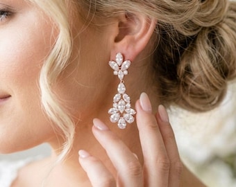 Rose Gold Bridal Earrings, Long Drop Earrings, Statement Wedding Earrings for Bride, Dangle Bridal Jewelry