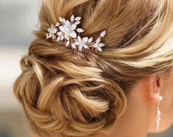 Crystal Floral Bridal Hair Comb, Rose Gold hair accessory for Bride, Wedding headpiece