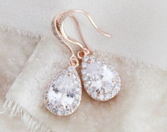 Sierlijke Rose Gold Bruids oorbellen Bruids sieraden Eenvoudige Crystal drop oorbellen CZ Bruiloft oorbellen Teardrop bungelen oorbellen Bruidsmeisje cadeau