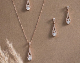 Rose gold Backdrop necklace, Bridal back necklace, Bridal jewelry, Simple back drop necklace, Rose gold Bridal earrings, CZ necklace