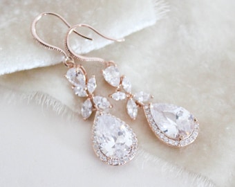 Rose gold Bridal earrings Long Wedding earrings Bridal jewelry Bridesmaid earrings Rose gold drop earrings Wedding jewelry Swarovski crystal