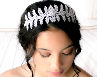 Silver Bridal Tiara, Crystal Leaf Wedding Headpiece, Bridal Headband