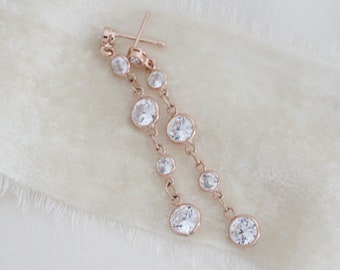Simple Rose gold Bridal earrings Long Dainty Wedding earrings Bridal jewelry Cubic zirconia Bezel earrings CZ Wedding jewelry Crystal drop