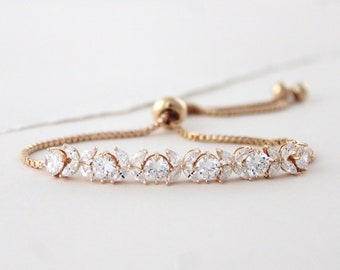 Rose Gold Bridal bracelet Crystal Bangle bracelet Bridal jewelry Dainty Rose gold bracelet Wedding jewelry Adjustable Slide bracelet