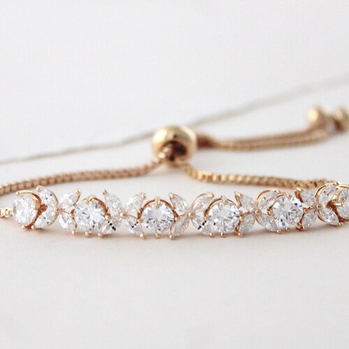 Rose Gold Bridal Bracelet Dainty Bridal Jewelry Crystal Tennis - Etsy