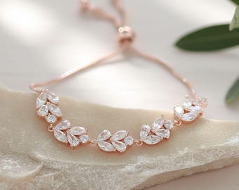 Rose Gold Bridal Bracelet with Adjustable Slide, CZ Bridesmaid Wedding Accessory
