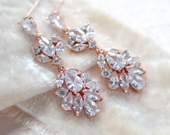 Rose gold earrings, Chandelier Bridal earrings, Wedding jewelry, Cubic zirconia earrings, Rose gold jewelry, Dainty Wedding earrings