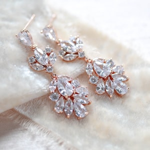 Rose gold earrings, Chandelier Bridal earrings, Wedding jewelry, Cubic zirconia earrings, Rose gold jewelry, Dainty Wedding earrings