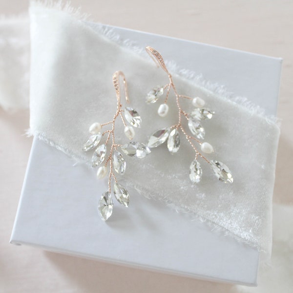 Rose gold Bridal earrings Freshwater Pearl Vine Earrings Chandelier Crystal Wedding earrings Bridal jewelry Rose gold Wedding jewelry