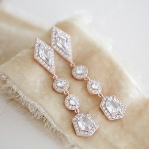 Rose gold Bridal earrings, CZ Wedding earrings, Bridal jewelry, Rose gold Wedding jewelry, Art deco Earrings for Bride, Long earrings