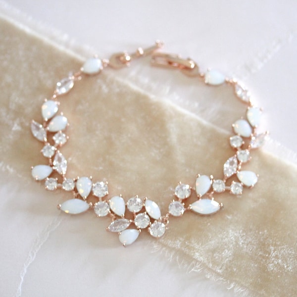 Rose gold Bridal bracelet, Bridal jewelry, White opal Wedding bracelet, Cubic zirconia bracelet, Bridesmaid bracelet, Wedding jewelry