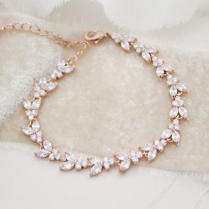 Rose gold Bridal bracelet Bridal jewelry Dainty Leaf crystal bracelet CZ Tennis bracelet Wedding Bridal jewelry Bridesmaid jewelry gift