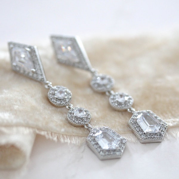 Crystal Bridal earrings, Bridal jewelry, Vintage style Wedding earrings, CZ earrings, Long drop earrings, Wedding jewelry, Dangle earrings
