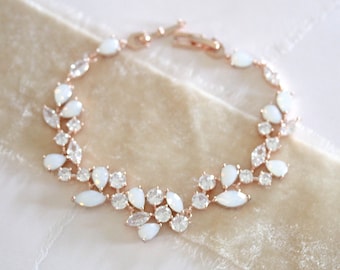 Rose gold Bridal bracelet, Bridal jewelry, White opal Wedding bracelet, Cubic zirconia bracelet, Bridesmaid bracelet, Wedding jewelry