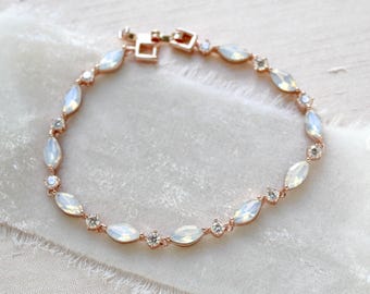 Rose gold Bridal bracelet, Tennis bracelet for Bride, White opal bracelet, Bridal jewelry, Delicate Wedding bracelet, Rose gold jewelry