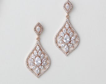 Rose gold Bridal earrings, Crystal drop earrings, Bridal jewelry, Chandelier Wedding earrings, Teardrop earrings, Vintage style earrings