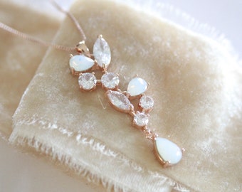 Rose Gold Braut Halskette, Weißer Opal Hochzeit Halskette, Braut Schmuck, Rose Gold Anhänger Halskette, CZ Halskette, Rose Gold Hochzeit Schmuck