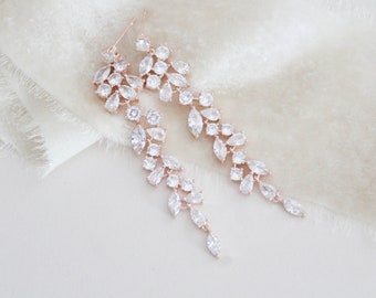 Lange Rose Gold Ohrringe Zierliche Braut Ohrringe Brautschmuck Brautjungfer Ohrringe CZ Baumeln Ohrringe Hochzeitsschmuck Kristall Tropfen Ohrringe