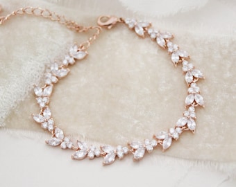 Rose gold Bridal bracelet Bridal jewelry Dainty Leaf crystal bracelet CZ Tennis bracelet Wedding Bridal jewelry Bridesmaid jewelry gift