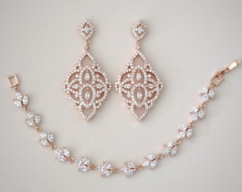 Ensemble de bijoux en or rose, boucles d'oreilles de mariée en or rose, bracelet de mariée en or rose, ensemble bracelet et boucles d'oreilles, bijoux de mariage, ensemble de bracelets