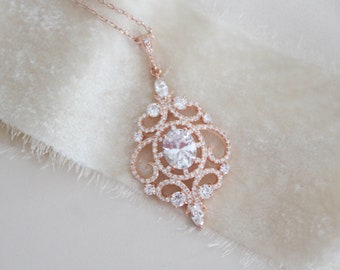 Collier de mariée en or rose, collier de demoiselle d'honneur, bijoux de mariée, collier avec pendentif en cristal, collier de mariage simple, bijoux en or rose